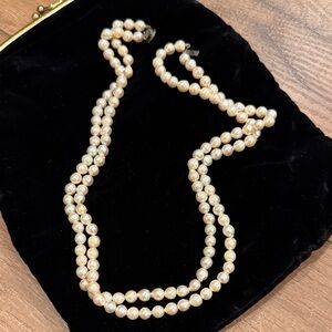 Vintage Double Strand Cultured Pearl Necklace  Sterling Silver 21” 1940s 1950s